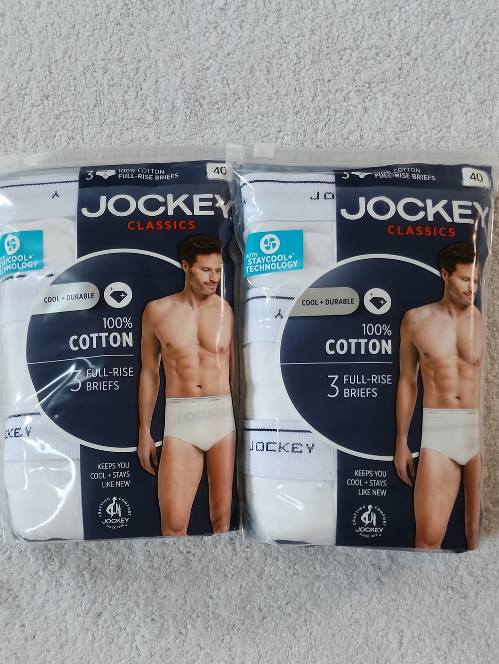 Jockey Classics Men’s White 100% Cotton Full-Rise Briefs - 3 Pack Lot Of 2 New